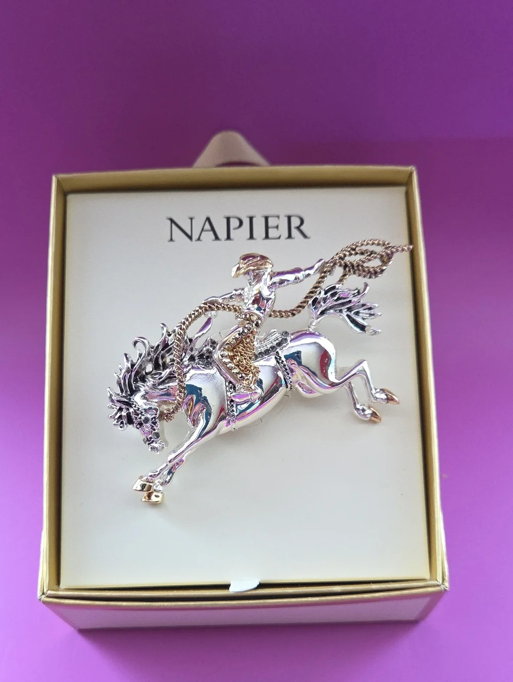 Napier Silver and Gold Tone Cowboy Rider Rodeo Bucking Horse Brooch